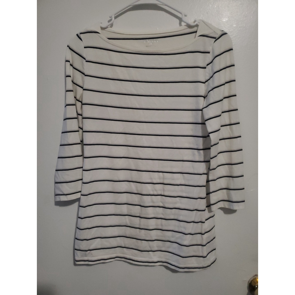 Merona Womens White Black Gray Striped Boat Neck 3/4 Sleeve Shirt Tunic Sz Xs